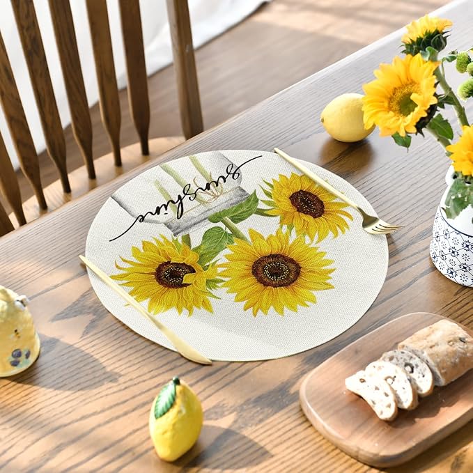 Artoid Mode Buffalo Plaid Sunflower Sunshine Vase Round Summer Placemats Set of 4, 14 Inch Spring Fall Table Mats for Dining Decoration