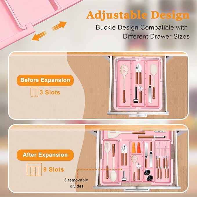 Utensil Drawer Organizer for Kitchen, Expandable Silverware Organizer Cooking Utensils Tray, Large Cutlery and Flatware Holder, Kitchen Tools & Gadgets Storage (Pink)