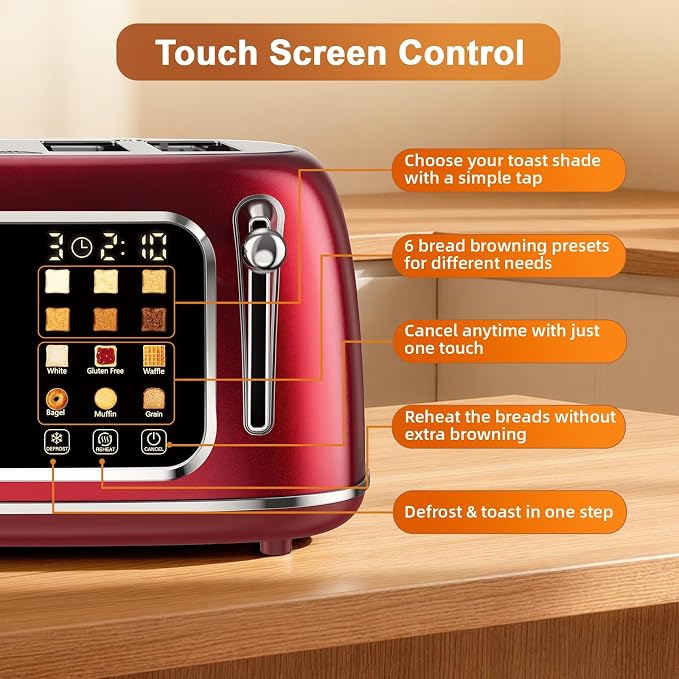 Mecity Toaster 4 Slice, Touch Screen Wide Slot Retro Toaster For Breads Bagel Muffin Waffle, House Warming Gift New Home, 120V 1650W, Red Pearl