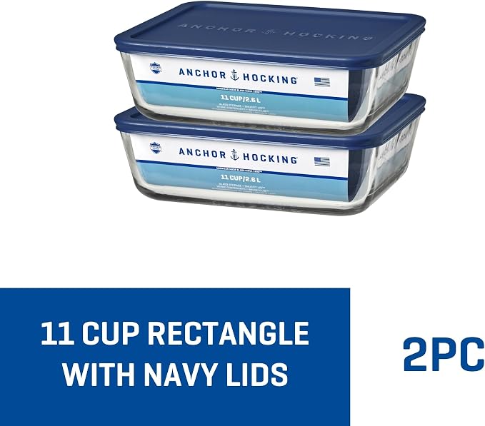 Anchor Hocking 11-Cup Glass Storage Containers with Lids, Set of 2 Glass Food Storage Containers with Navy SnugFit Lids