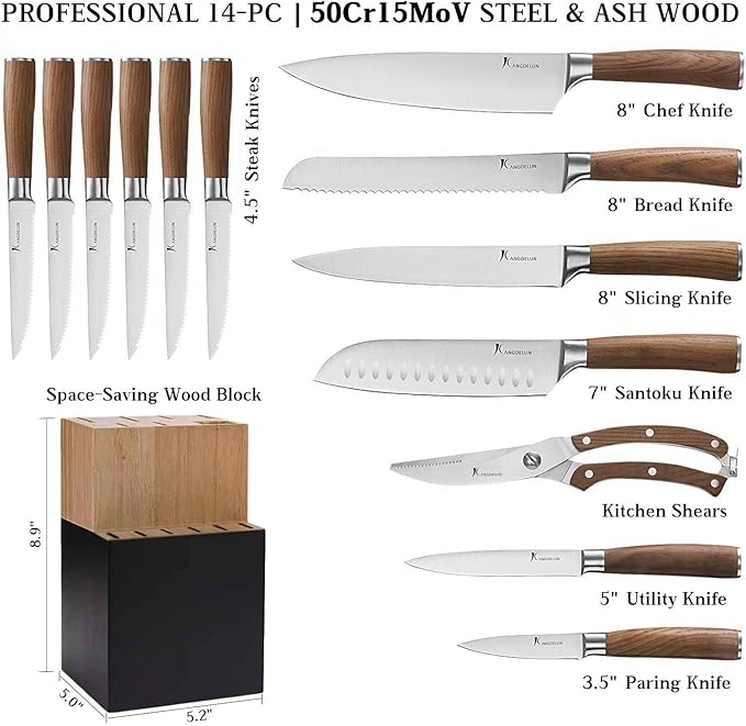 Kangdelun Ultra Sharp 14-Piece Kitchen Knife Set, High Carbon Stainless Steel Blades, Torrefied Brown Wood Handles, Ergonomic Design, Space-Saving Black-Finished Wood Block, Easy Hand Wash, Gift Box