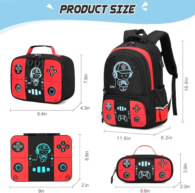 Backpack for School Boys, Cool Luminous Gamer Boys Schoolbag | with Lunch Box & Pencil Case Set for Kids Teens Elementary Middle School, Bookbag Glow In The Dark