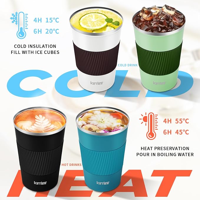 KETIEE Travel Coffee Mug 12oz: Reusable Insulated Coffee Cup with Leakproof Lid, Travel Tumbler, Vacuum Stainless Steel Coffee Mug to Go for Hot/Iced Coffee Tea Water (White)