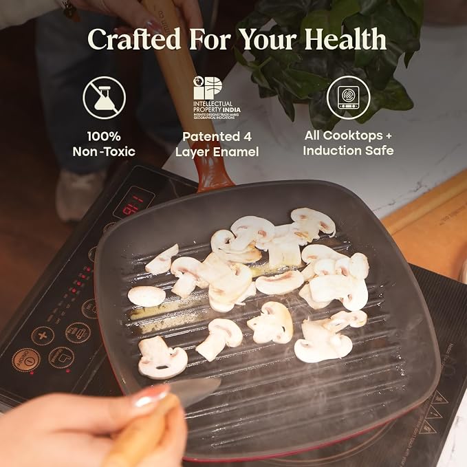 CUMIN CO. Enameled Cast Iron Grill Pan 10 Inch, 1.2 QT Grill Skillet – Non Toxic PFAS Free Cookware – Indoor Grill Pan for Steak, Chicken, Burgers & Vegetables – Induction & Oven Safe (Color: Rust)