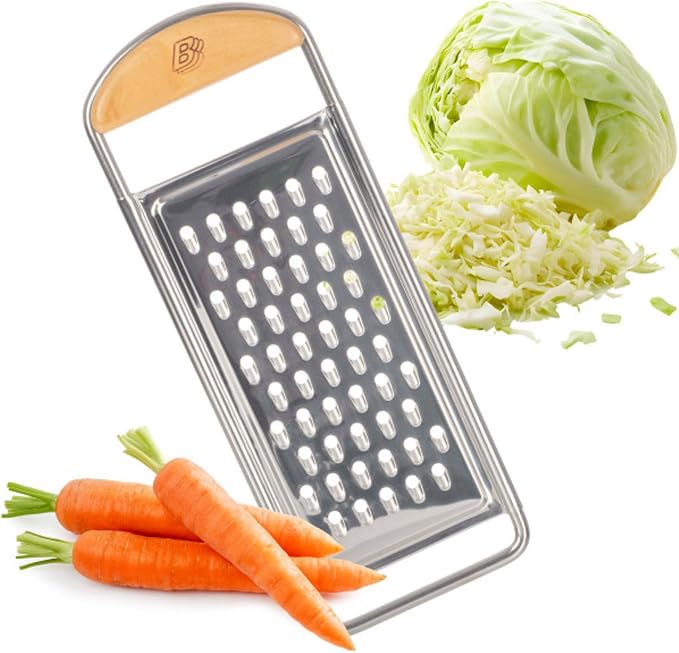 Kings County Tools Cheese Grater Handheld, Flat Food Grater, 12” x 4.5” | Stainless Steel Coarse Shredder Kitchen with Cherrywood Handle for Medium-Hard Cheese, Italian Made Kitchen Gadgets