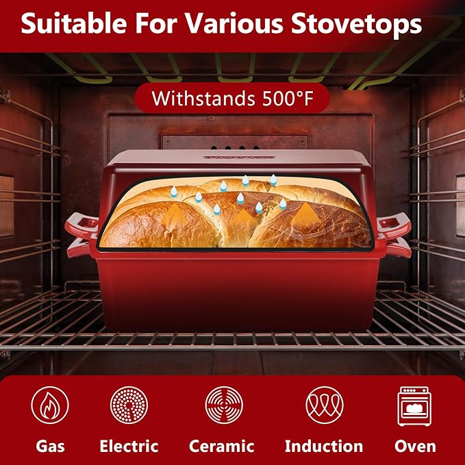 Wildone 2 in 1 Enameled Cast Iron Bread Pan with Lid, 9x5 Loaf Pans for Homemade Sourdough Bread, Cake, Meatloaf, Even Heating Bread Dutch Oven, Red