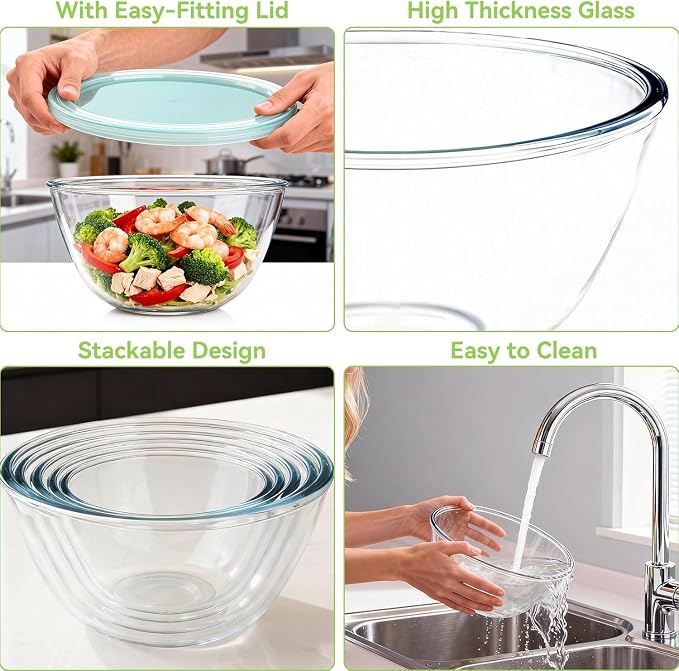 YUANYE 5 Pack Glass Mixing Bowls with Lids Set (5QT/2.5/1.5/0.9/0.6QT), Thick Glass Large Salad Bowl Set, Nesting Kitchen Bowls for Serving,Prepping,Cooking and Baking,Dishwasher,Oven,Microwave Safe