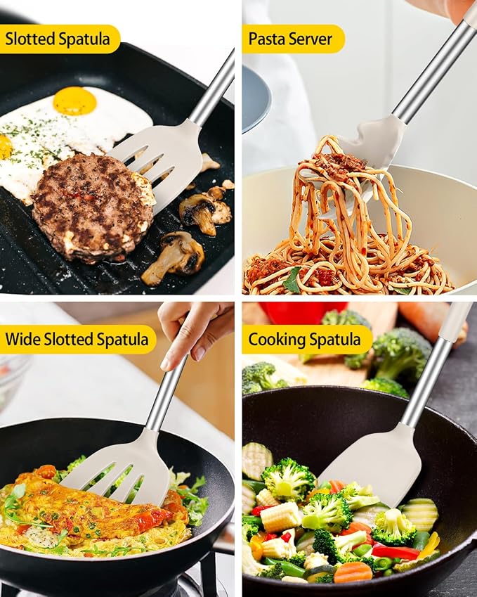 Silicone Cooking Utensils Set, 8 Pcs Kitchen Utensils with Holder, Khaki | BPA Free and Heat Resistant, Kitchen Tools for Non Stick Cookware include Spatulas, Turners, Spoons, Skimmer and Pasta Fork