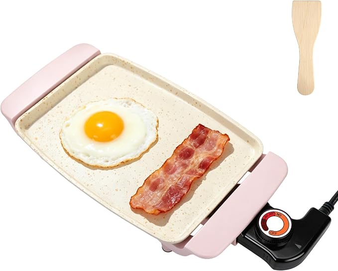 Small Electric Griddle, 10 Inch Mini Ceramic Non-Stick Electric Skillet with Adjustable Thermostat, 1200W Single Serve Grill for Breakfast, Cooking for Pancakes, Eggs, Sausage, Pink