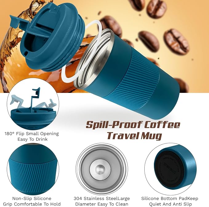 Vacuum Insulated Stainless Steel Travel Coffee Mug, Leak Proof Cup with Lid | 304 stainless steel mug with vacuum insulation, leak proof lid, silicone grip and car cup holder friendly design