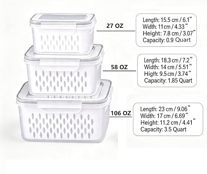 6 Packs Large Fruit Containers, Fridge Organizer Bins | Plastic Airtight Food Storage Containers with Removable Colander for Berries, Fruits, Vegetables, Salad