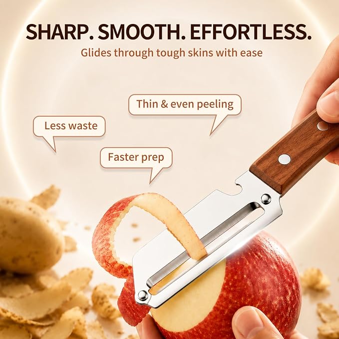 Multi-Functional Vegetable Peeler for Kitchen, Ultra-Sharp Stainless Steel Blade with Wooden Handle and Bottle Opener,2-in-1 Stainless Steel Kitchen Tool for Fruit Apple Potato Pumpkin Papaya