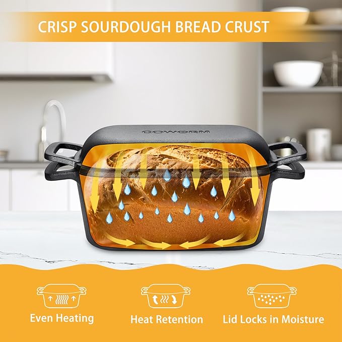 3.6 QT Cast Iron Loaf Bread Pan with Lid, Oval Dutch Oven for Bread Baking | Pre-Seasoned, Even Heat, Easy Release, Heavy-Duty, Oven Mitts & Recipe Book Included