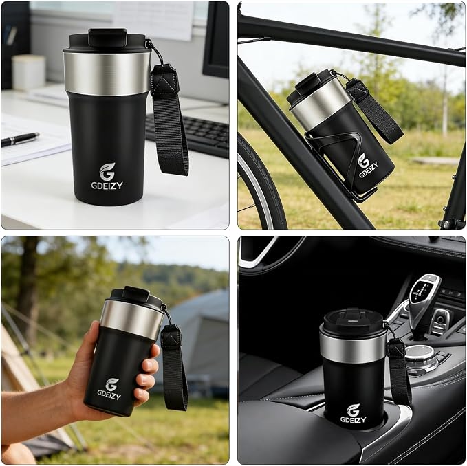 Insulated Travel Coffee Mug, 17oz Stainless Steel Leakproof Flip Straw Cup | Double Wall Vacuum Insulated, BPA-Free Material, Reusable Tumbler for Hot & Cold Drinks, Classic Black, Fits Car Cup Holders