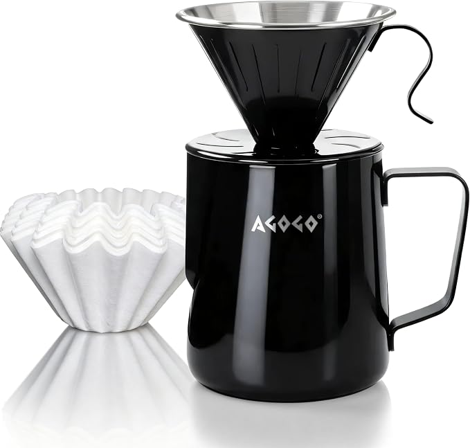 AGOGO Stainless Pour Over Coffee Maker Set, 50 Paper Filters, 20oz, Black | Unbreakable carafe for kitchen RV camp and office, includes barista towel, lead-free food grade 304 stainless steel