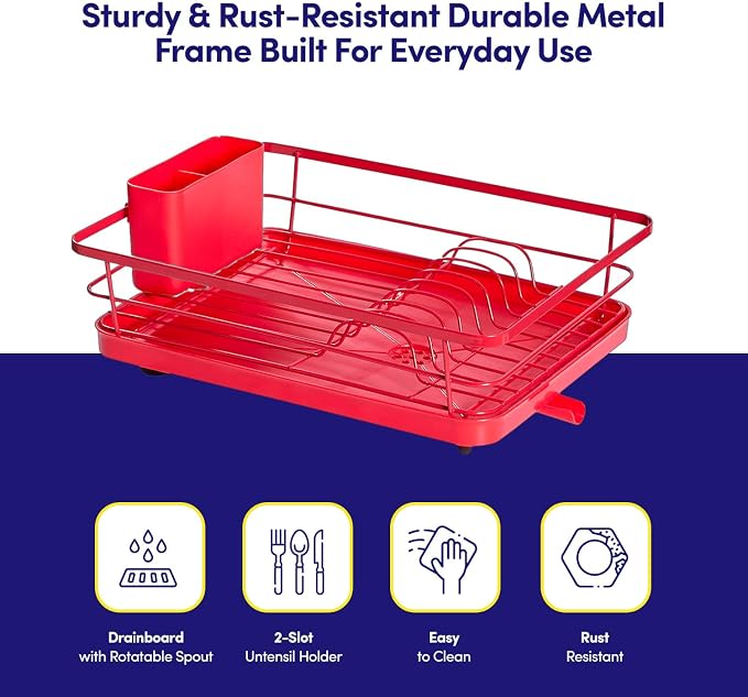 Dish Drying Rack 3 Piece Dish Drainer with Drainboard Set for Kitchen Counter – Dish Rack with Removable Utensil Holder & Swivel Spout for Countertop – DishRack for Plates, Cups & Organization, Red
