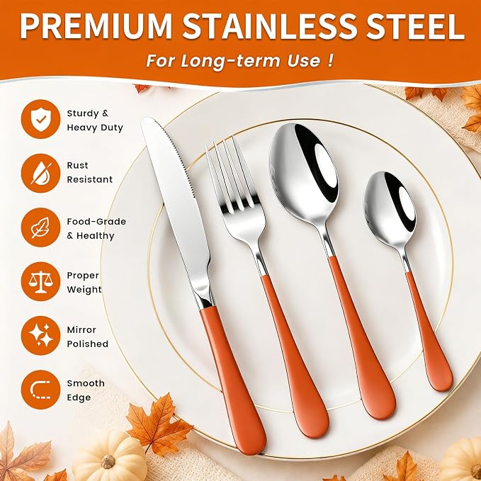 Orange Silverware Set with Holder for 6-24 Piece Stainless Steel Flatware Set with Spoons, Forks, Knives, Heavy Duty Mirror Polished Cutlery Set for Home, Kitchen, Restaurant