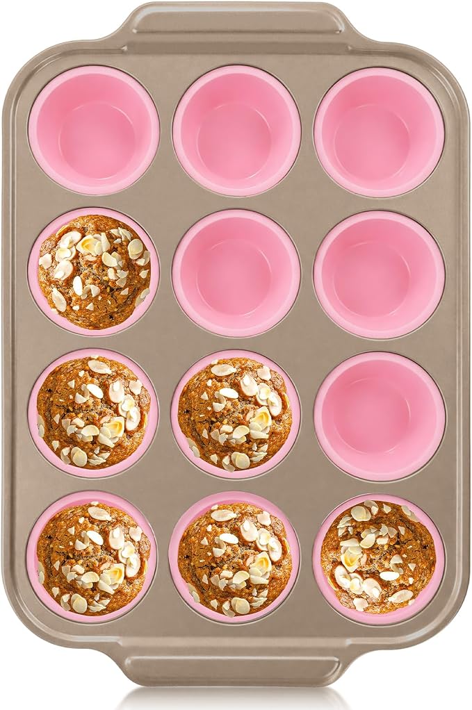 Silicone Muffin Pans for Baking with Metal Frame, 12-Cup Silicone Cupcake Pan, Egg Bite Silicone Mold, Nonstick, BPA Free, Oven & Dishwasher Safe