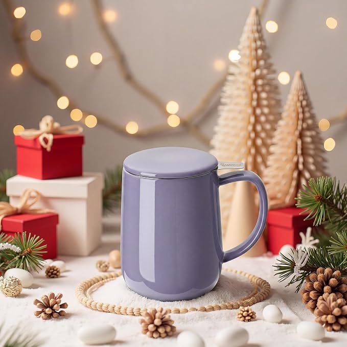 Sweese 20 oz Porcelain Tea Mug with Infuser and Lid, Purple Tea Cup