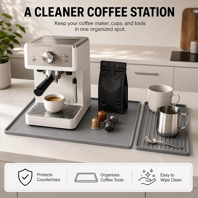 Silicone Coffee Mat 24 x 16 in with Tray, Minimal Light Gray | Coffee bar mat for countertop use, coffee station mat or coffee machine mat with removable tray and 0.47 in raised rim.