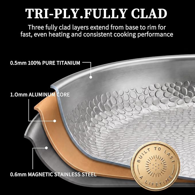 12" Titanium Pans for Cooking, 100% Pure Titanium Frying Pan | Food-grade titanium; naturally non-toxic; no PTFE/PFOA/PFAS coating; induction ready, dishwasher safe, oven safe to 1000°F