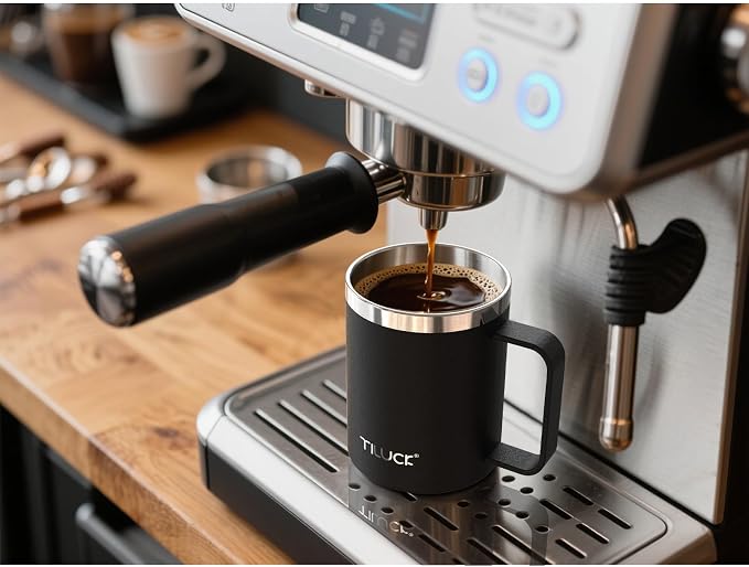 TILUCK 12 oz Insulated Coffee Mug with Lid and Handle | BPA-Free Lid, Double-Wall Vacuum Insulation, Stainless Steel Coffee Cup, Dishwasher Safe Mug for Hot & Cold Drinks,MatteBlack