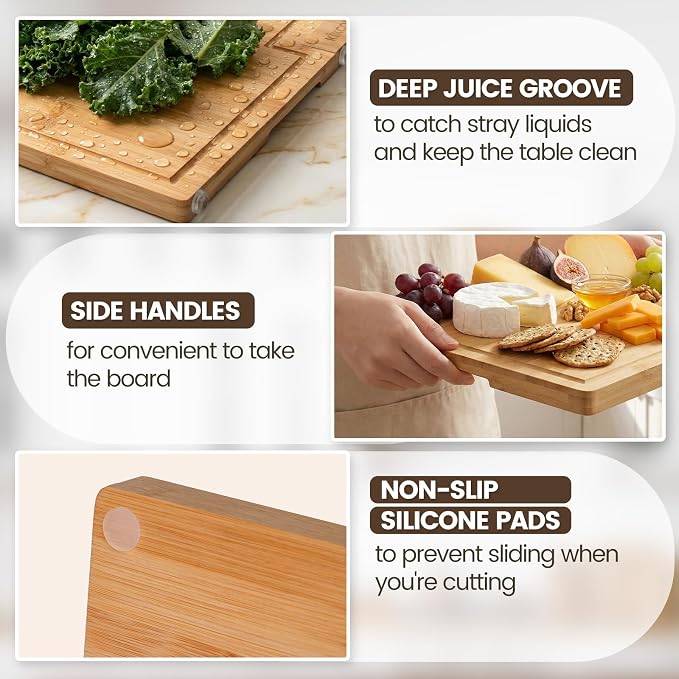 Kikcoin Bamboo Cutting Boards for Kitchen Set of 3, Extra Large Wood Cutting Board with Rotating Kickstand & Juice Groove, Wooden Chopping Board for Meats Veges Fruits, Heavy Duty Serving Tray