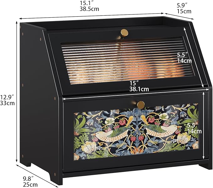Trironsun Bamboo Bread Box for Kitchen Counter Black Bread Storage Container with Acrylic Door William Morris Flower Bird Design Farmhouse Breadbox Organizer (Black, 2 Layer)