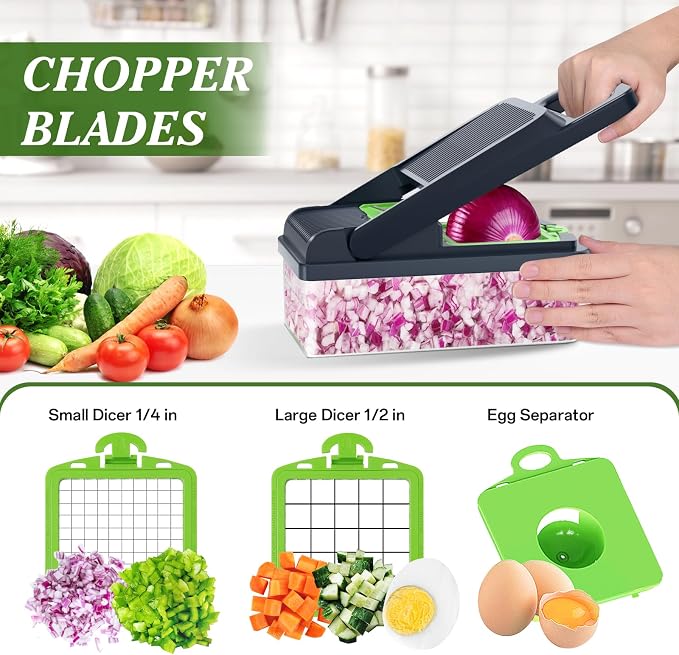 HomeHacks Veggie Chopper Vegetable Cutter, 12 in 1 Kitchen Gadget, Green | Dicer, Slicer, Cutter, Slap Chop, Cheese Grater & Egg Separator - Multi-Functional Salad Fruit Onion Chopper with Container