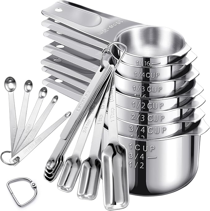 20PCS Measuring Cups and Spoons Set,Stainless Steel,with Leveler | 304 food-grade steel, dual-scale markings, one-piece construction, nesting storage, dishwasher safe, dry & liquid ingredients