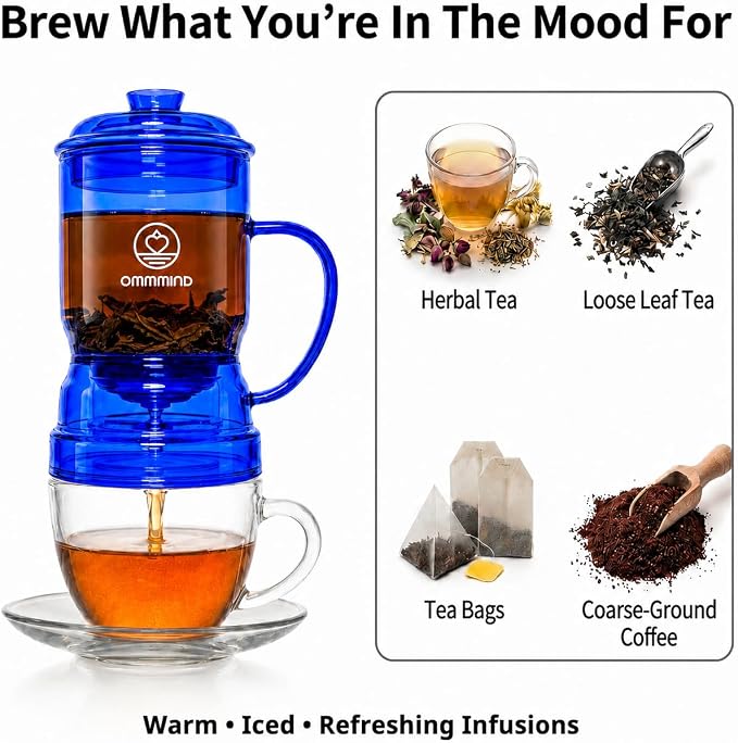 Glass Tea Infuser, Easy Drain for Loose Leaf, 15.2 oz, Ocean Blue | Fits rims under 3.15 in; set on mug to drain, lift to stop, helps limit bitterness. Dishwasher safe, tea bags, herbs, coffee