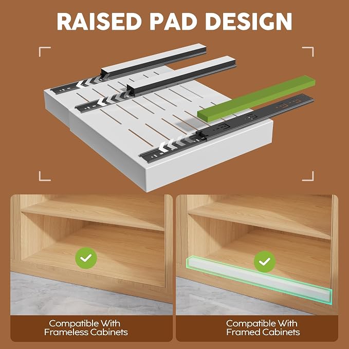 Seinloes 4 Pack Expandable Pull Out Cabinet Organizer 21"Deep With Raising Pad for Framed Cabinets,Upgrade 3 Slide Rails Slide Out Drawers,Roll Out Shelves Adhesive,Adjustable Width 15.15"-26.3" White