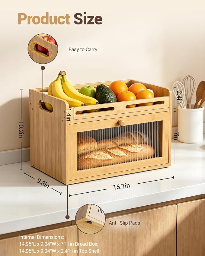Bread Box for Kitchen Countertop, Bamboo Bread Storage Container with Raised-Rail Top Shelf and Acrylic Window, Farmhouse Breadbox Organizer for Pantry, Fruit, Spices