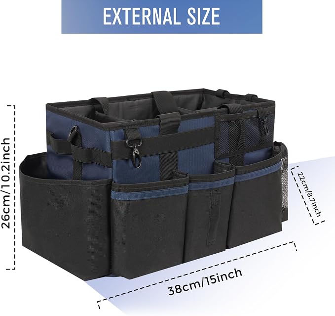 SCAVATA Wearable Cleaning Caddy, Cleaning Caddy Supplies Organizer with Handle & Shoulder Straps for Housekeepers, Under Sink & Car Cleaning Tool Organizers Bag with 4 Foldable Divider (NavyBlue)