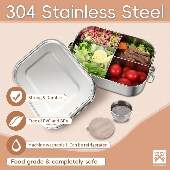 GOLDEN KEY 40oz Stainless Steel Bento Box for Kids & Adults,1200ml Leak-Proof Metal Lunch Container with Lockable Clips, BPA-Free Food Storage for School, Travel & Work, Dishwasher Safe