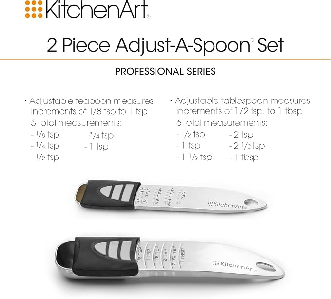 KitchenArt Stainless Steel Pro Sliding Adjust-A-Tablespoon and Teaspoon Set | All In One Measuring Spoons | Declutter Your Kitchen | Measuring Spoon Set | Baking & Cooking Essentials | Easy to Use Spoons