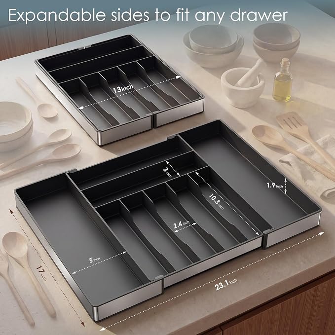 Silverware Drawer Organizer, 9 Slots Expandable Kitchen Drawer Organizer | Extra Large Utensil Holder & Cutlery Tray, Heavy Duty Stainless Steel Frame Flatware Organizer, Non-Slip Feet Included, Black