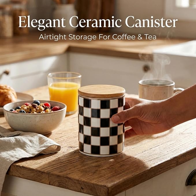 1 Piece Ceramic Coffee Canister, Airtight Coffee Container with Lid for Kitchen Storage (12.8x9cm, Black Checkered)