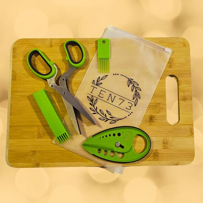 2-in-1 5-Blade Herb Scissors & Herb Stripper Set | 10-Hole Leaf stripper Stem Remover + Stainless Steel Herb Shears with Safety Cover & Cleaning Comb | Dishwasher Safe Kitchen Tool for all Herbs