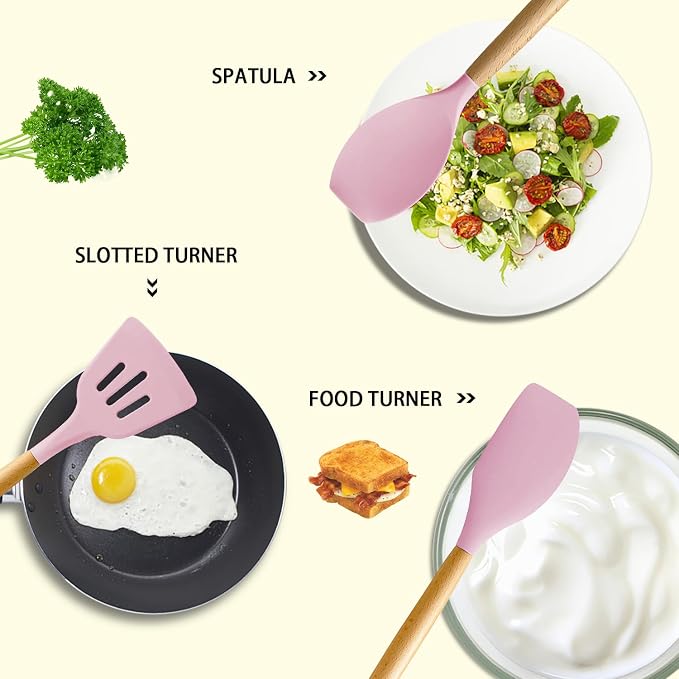 MIBOTE Silicone Cooking Kitchen Utensils Set, Wooden Handle, Pinky | BPA-Free, Non-Toxic Silicone Turner, Tongs, Spatula, Spoon Set – Great for Nonstick Cookware, Heat-Resistant, Easy Clean