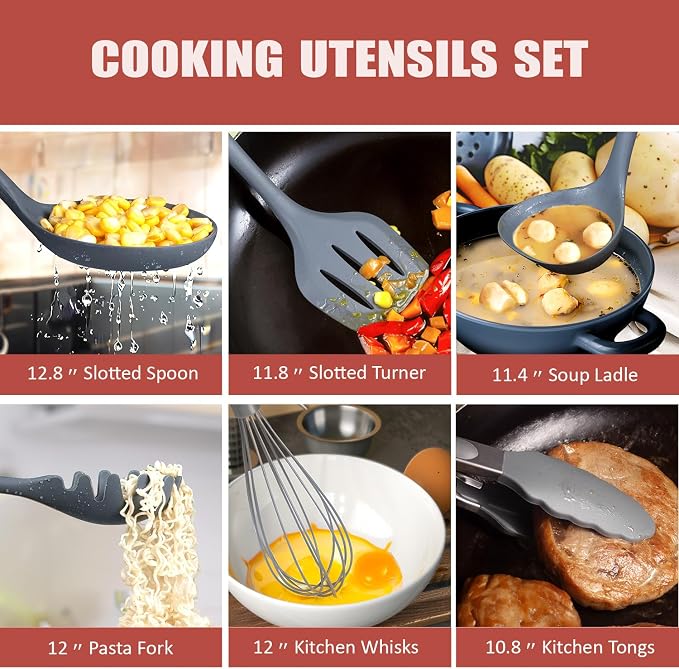 Kitchen Set,18-Piece Cooking Utensils and Kitchen Knife Set,Gray | 7-Piece Kitchen Utensils Heat-resistant to 410°F,5-Piece Sharp Knife,5-Piece Cooking Tools and Cutting Board In One
