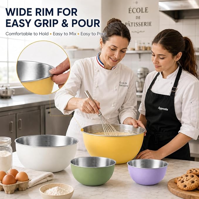 Stainless Steel Mixing Bowls Set of 4, Nesting Metal Bowl Set 0.6/1/2/3 Qt | Assorted Yellow White Purple Green for Food Prep, Baking, Cooking, Serving – Dishwasher Safe