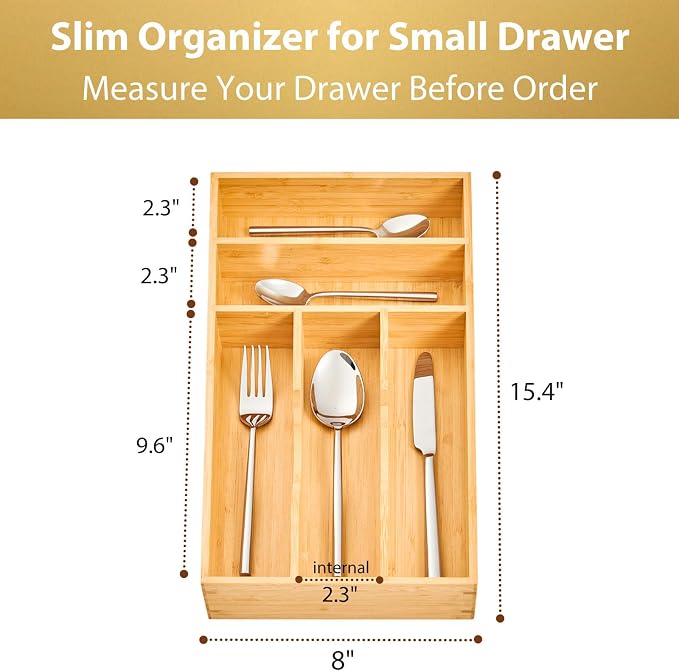 Bamboo Kitchen Drawer Organizer, 8 Inch Silverware Utensils Tray Holder for Small Drawer, Wood Caddy for Flatware Cutlery Knives