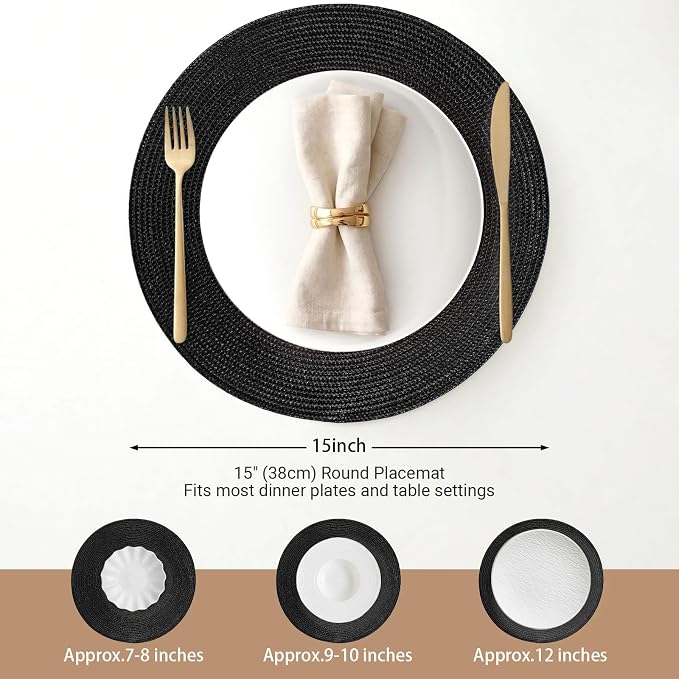 FunWheat Round Braided Placemats Set of 8 Place Mats for Dining Table Woven Washable Non-Slip Table Mats 15 Inch(Black,8pcs)