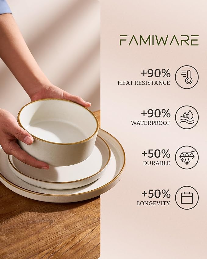 Famiware Nebula 18-Piece Dinnerware Set, Matte Beige White with Brown Rim | Stoneware Plates and Bowls, Handmade Reactive Glaze, Microwave & Dishwasher Safe, Chip & Scratch Resistant