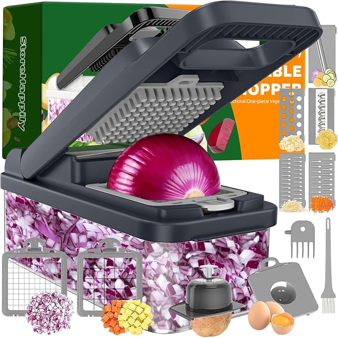 12-in-1 Vegetable Chopper 7 Blades, Veggie Cutter with Handle, Grey | Stainless Steel Blades, Food Container and Lid, Dicer, Slicer, Julienne, Egg Separator, Non-slip Base, Include Cleaning Tools