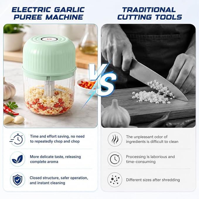 Electric Garlic Chopper, Mini Rechargeable Electric Garlic Chopper, Wireless Portable Food Processor for Ginger Chili Onion Vegetables Meat (Blue)