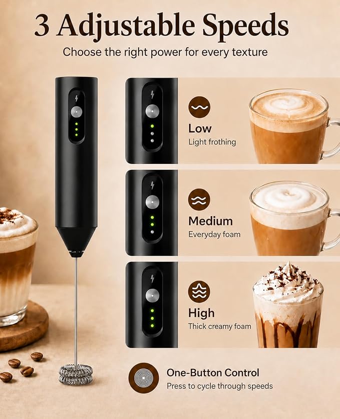 Rechargeable Electric Milk Frother Handheld, Hand Mixer Coffee Frother Wand | Portable Drink Mixer with 3 Speeds, 3 Whisk Heads, Storage Case, Electric Whisk for Matcha Lattes Cappuccino, Kitchen Gifts