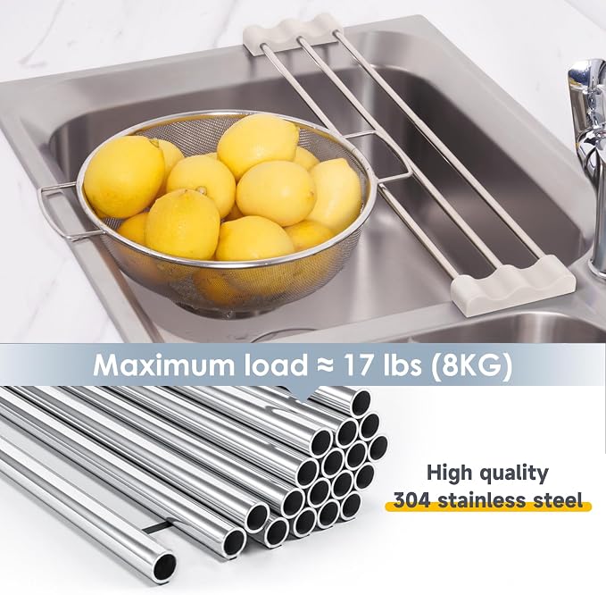 Tomorotec Adjustable Over-The-Sink Kitchen Rack, BPA-Free, White | Holds 16.5 Lbs; For Dishcloths, Sponges, and Brushes - Heat-Resistant Stainless Steel with Slim, Expandable Design