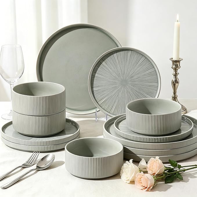 Stoneware Dinnerware Sets for 4, 12-Piece Plates and Bowls Set, Light Green | Advanced Inkjet Printing Ceramic Dishes, Chip & Scratch Resistant, Microwave and Dishwasher Safe Tableware